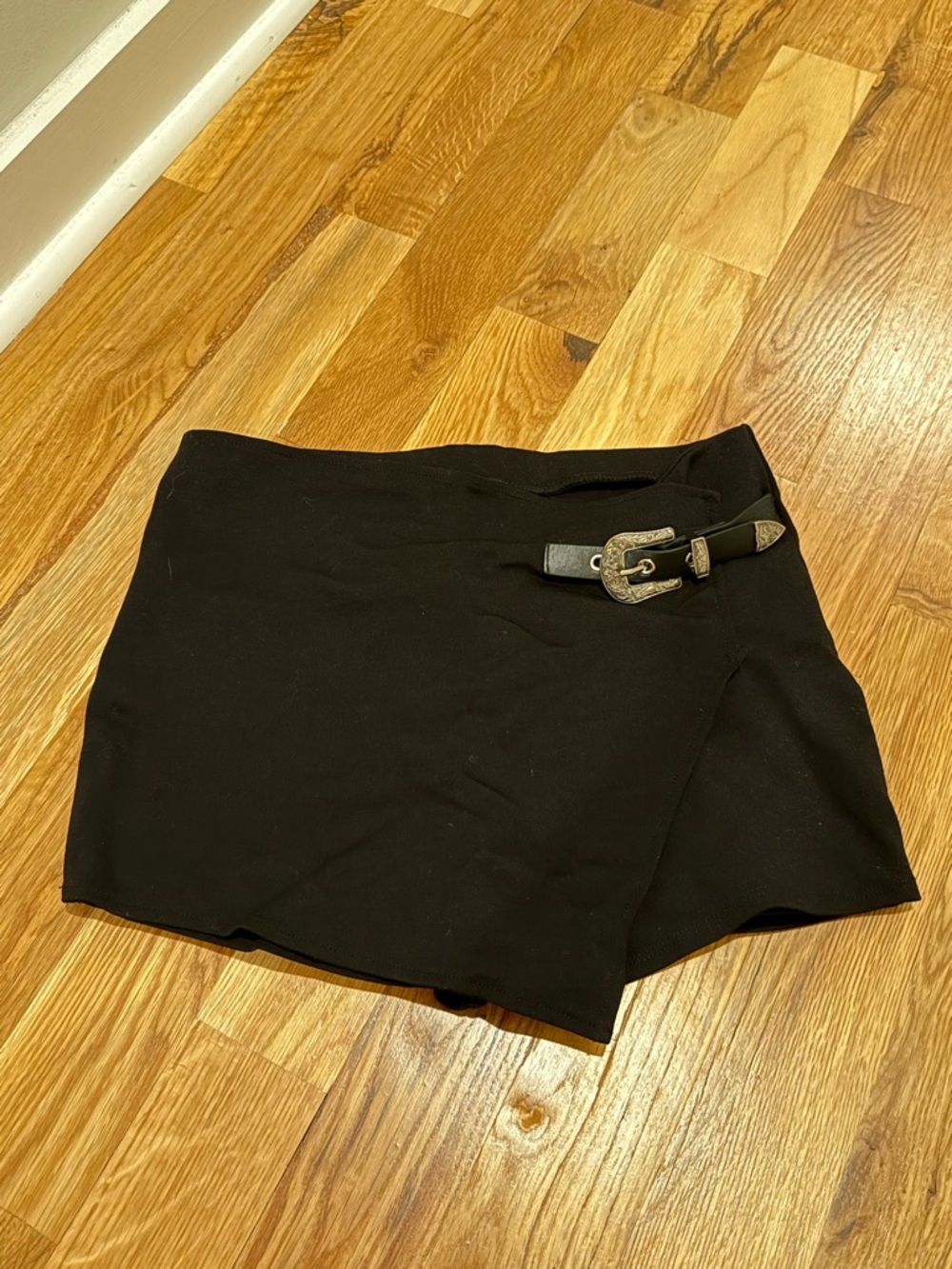 Black Asymmetrical Skort with Decorative Western Buckle
